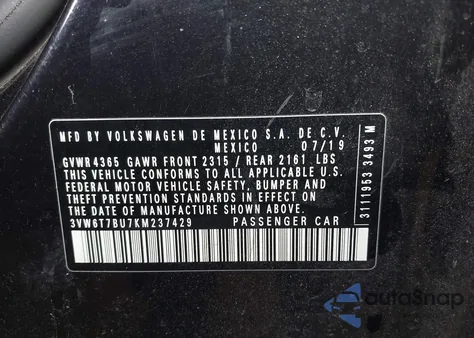 2019 Volkswagen Jetta Gli 2.0T 35Th Anniversary Edition/2.0T Autobahn/2.0T S z USA, uszkodzony, nr VIN 3VW6T7BU7KM237429